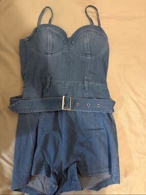 Fashion Nova Blue Denim Bustier Romper with Belt